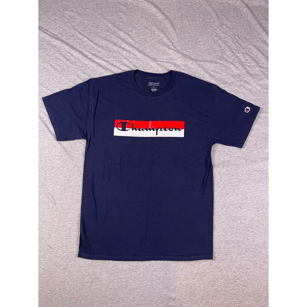 Champion Navy Blue Spellout Graphic Logo Short Sleeve T-Shirt Men's Size Medium